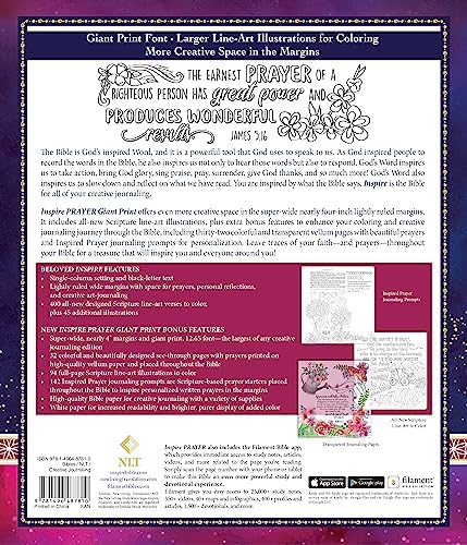 Inspire PRAYER Bible Giant Print NLT, Filament Enabled (LeatherLike, Purple): The Bible for Coloring & Creative Journaling by New Living Translation