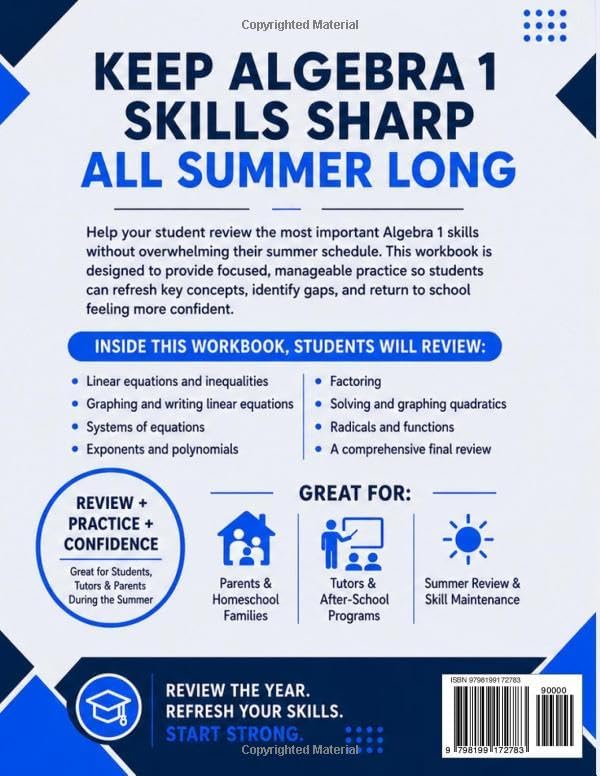 Algebra 1 Summer Review Workbook: Avoid the Summer Slide with Targeted Practice and Step-by-Step Solutions (Summer Review | USA Math Series) by Learn Math with Anna