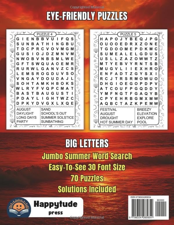 Hello Summer, Jumbo Word Search For Adults & Seniors: Extra Large Print Puzzles with Big 30 Pt Font Size | Positive Vibes and Stress-Relief Word Find Puzzles of Beach, Sunset, Fun Activities And More by Happytude Press