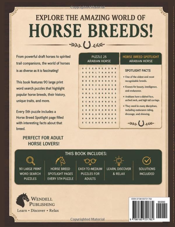 Horse Breeds Word Search Puzzle Book: 90 Large Print Puzzles for Adults Featuring Popular Horse Breeds, Breed Traits, Origins, and Educational Spotlights (Horse Lovers Word Search Series) by Wendell Publishing