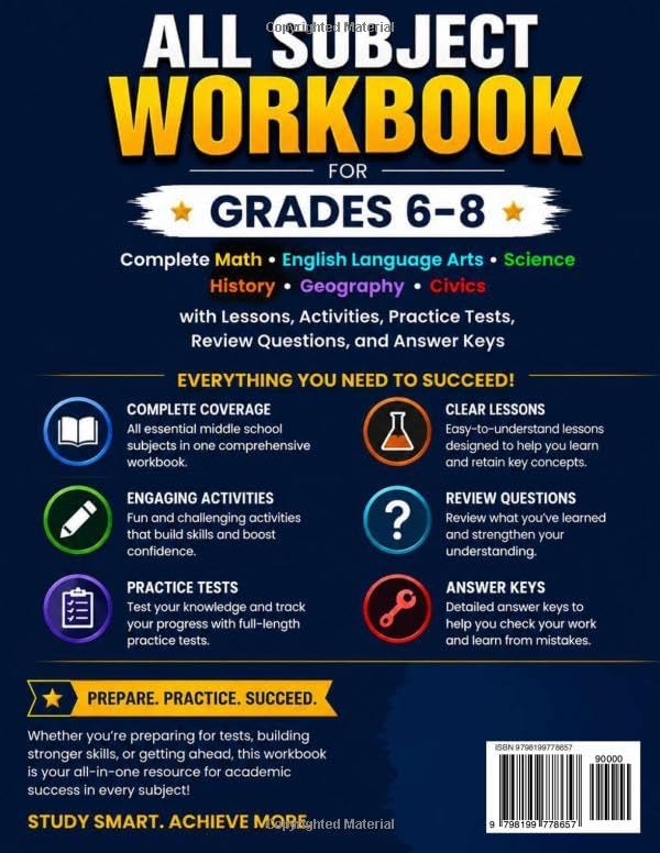 ALL SUBJECT WORKBOOK FOR GRADES 6 – 8: Complete Math, English Language Arts, Science, History, Geography, Civics with Lessons, Activities, Practice ... Keys (The Skinner Academic Workbook Series) by Edwin M. Skinner