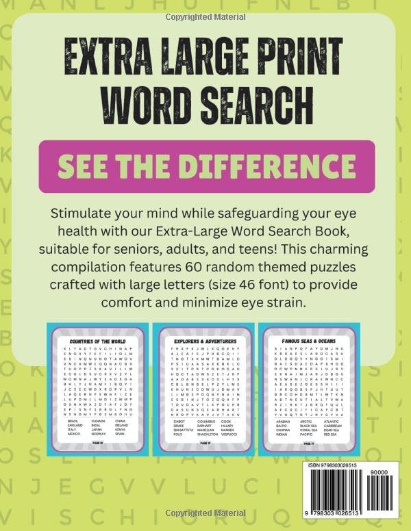 Extra Large Word Search: Jumbo Word Searches for Seniors, Adults and Teens | 60 Random Themed Puzzles with Very Big Letters (46 Font Size) | Anti-Eye Strain Word Find to Have Fun and Relax by Quinby Publishing House