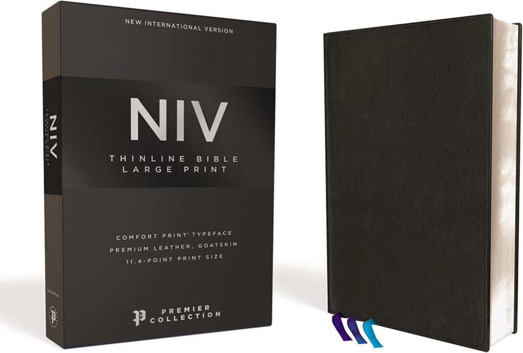 NIV, Thinline Bible, Large Print, Premium Goatskin Leather, Black, Premier Collection, Black Letter, Art Gilded Edges, Comfort Print by Zondervan