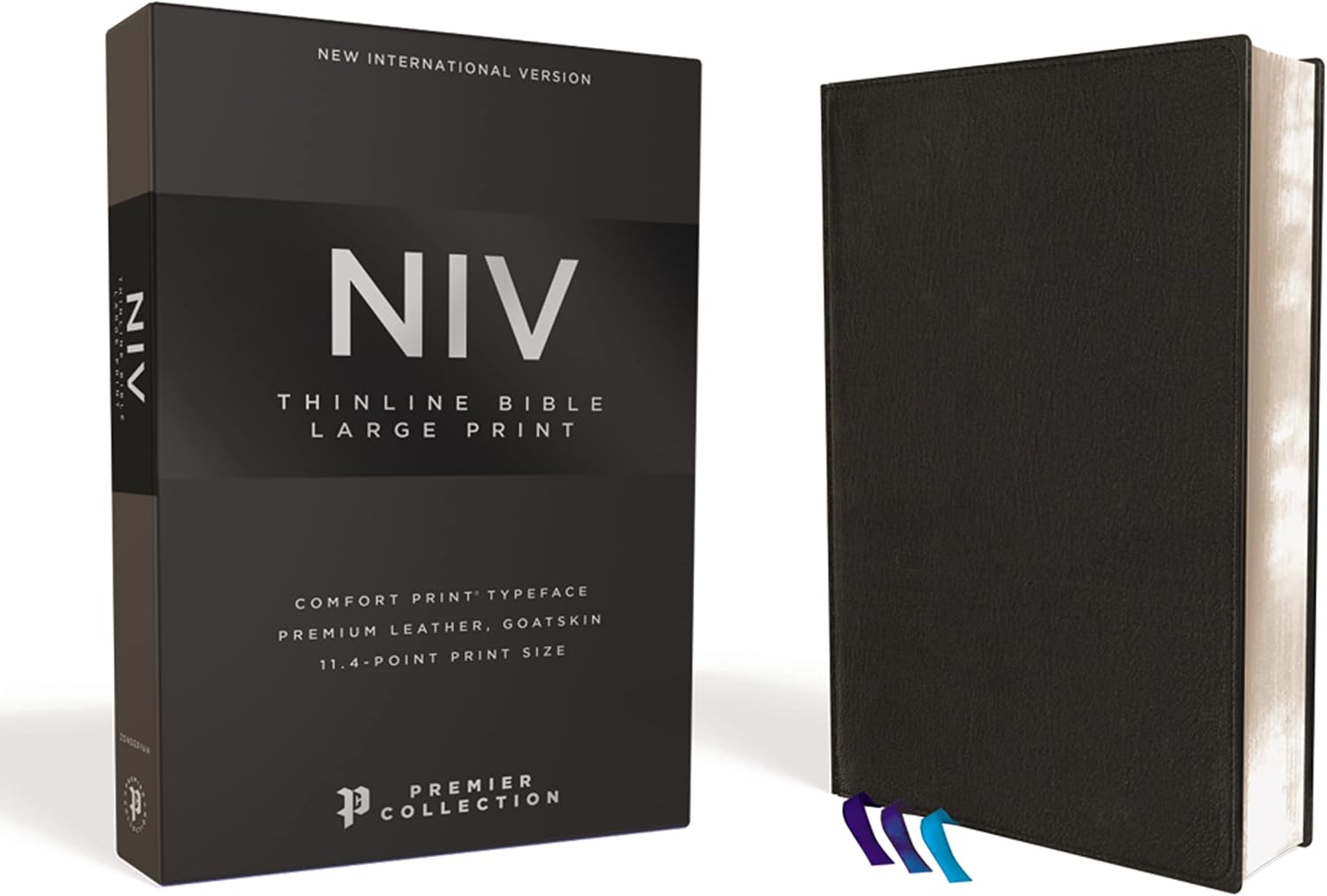 NIV, Thinline Bible, Large Print, Premium Goatskin Leather, Black, Premier Collection, Black Letter, Art Gilded Edges, Comfort Print by Zondervan