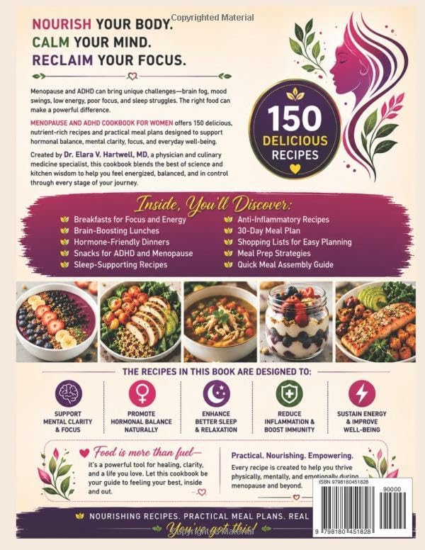 MENOPAUSE AND ADHD COOKBOOK FOR WOMEN: Nourishing Recipes and Practical Meal Plans for Hormonal Balance, Mental Clarity, Focus, and Everyday Well-Being by Dr. Elara V. Hartwell