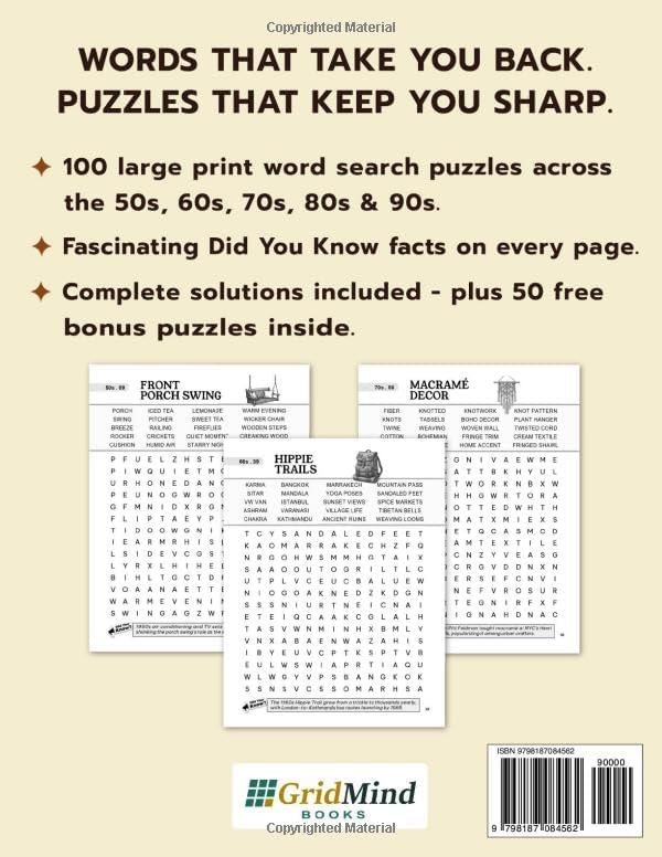 Nostalgic Word Search for Adults & Seniors: Large Print Word Puzzles to Relive the Golden Decades of the 50s, 60s, 70s, 80s and 90s (Word Find for Adults & Seniors) by GridMind Books