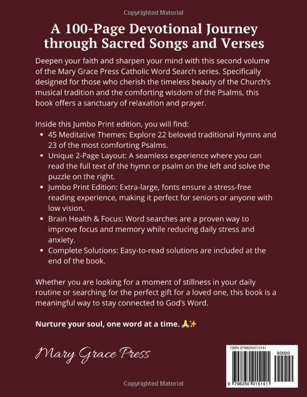 Catholic Word Search for Seniors Hymns and Psalms: 100-Page Jumbo Print Collection of Traditional Worship Songs and Beloved Bible Verses: Meditative ... (Catholic Word Search - Mary Grace Press) by Mary Grace Press