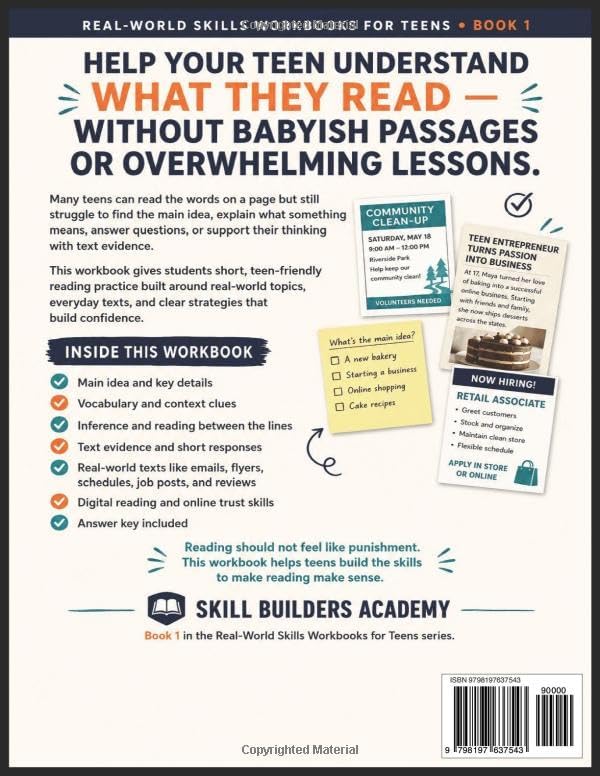 Real-World Reading Skills Workbook for Teens: Short Passages, Reading Comprehension, Main Idea, Inference, Vocabulary, Text Evidence, and Real-World ... Practice for Middle and High School Students by Skill Builders Academy