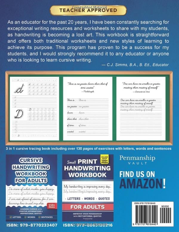 Cursive Handwriting Workbook for Teens: Learning Cursive with Inspirational Quotes for Young Adults, 3 in 1 Cursive Tracing Book Including over 130 Pages of Exercises with Letters, Words and Sentences by Leslie Mars