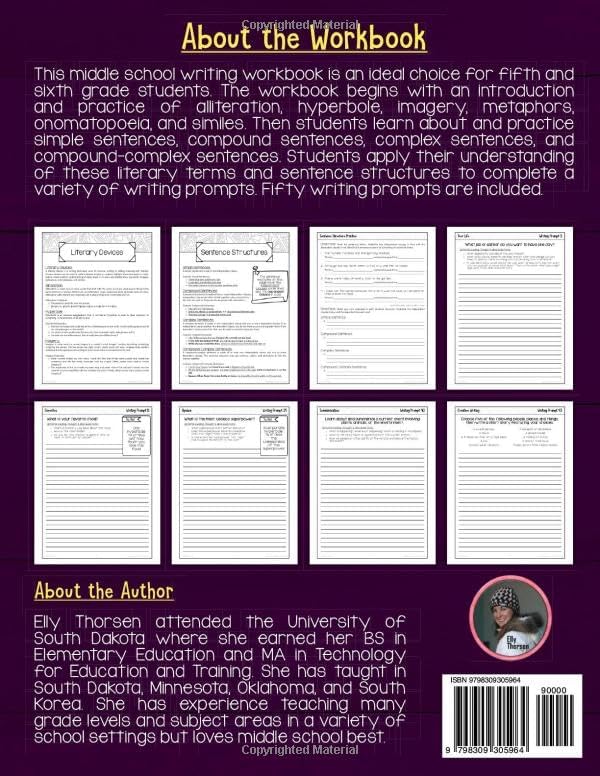 Writing Workbook for 5th and 6th Grades: Middle School Writing Practice with 50 Writing Prompts (Writing Workbooks for Middle School ELA) by Elly Thorsen