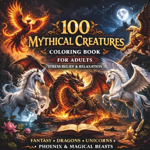 100 Mythical Creatures Coloring Book for Adults: Stress Relief & Relaxation: Fantasy Dragons, Unicorns, Phoenix & Magical Beasts | Intricate Designs for Mindfulness, Calm &Creativity by Aissa Dourari