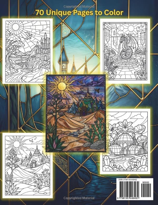 FANTASY REALMS: Stained Glass Coloring Book for Adults and Seniors: 70 Unique Fantasy Designs, Bold and Easy, Large Print, Relaxing Landscapes (STAINED GLASS COLORING COLLECTION) by Selena Wrenford