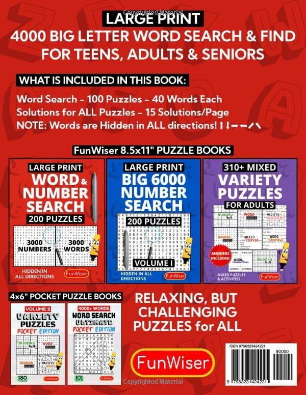 4000 BIG Letter Word Search for Adults, Teens and Seniors - VOL 1 - Large Print: 100 Relaxing Word Search Puzzles - Large Letter Word Find - Brain ... for Adults (FunWiser - BIG Puzzle Books) by FunWiser