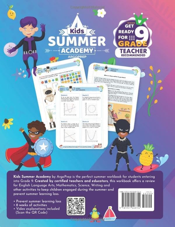 Kids Summer Academy by ArgoPrep - Grades 8-9: 8 Weeks of Math, Reading, Science, Writing, Logic, Fitness and Yoga | Online Access Included | Prevent Summer Learning Loss by ArgoPrep