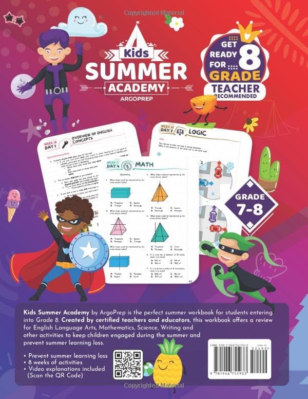Kids Summer Academy by ArgoPrep - Grades 7-8: 8 Weeks of Math, Reading, Science, Logic, Fitness and Yoga | Online Access Included | Prevent Summer Learning Loss by Argo Brother
