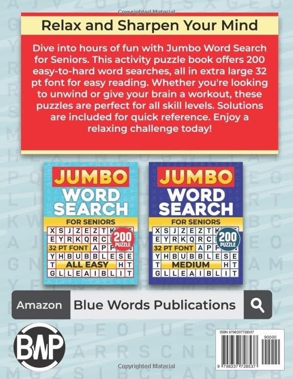 Jumbo Word Search for Seniors: 200 Easy to Hard Extra Large Print Activity Puzzle Book with Solutions (32 Pt Font Size) by Blue Words Publications