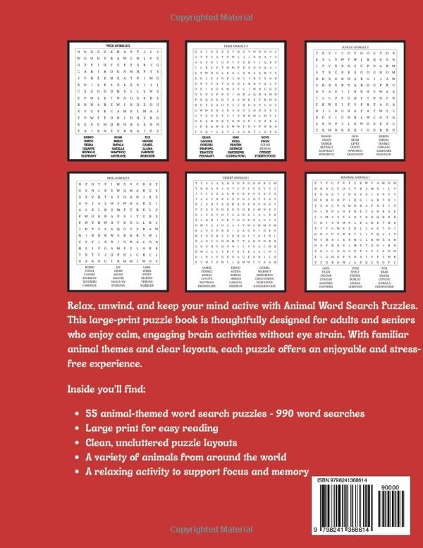 55 LARGE PRINT WORD SEARCH PUZZLES ANIMAL WORD SEARCH PUZZLES MADE FOR ADULTS & SENIORS: Large Print 8.5"X 11" Word Search Puzzles for Adults and ... Lovers | Enjoyable Word Searches for All Ages by Elle Grace