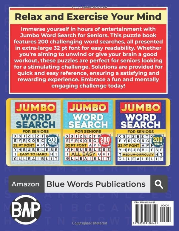 Jumbo Word Search for Seniors: 200 Challenging Puzzles in Extra-Large Print with Solutions (32 Pt Font Size) by Blue Words Publications
