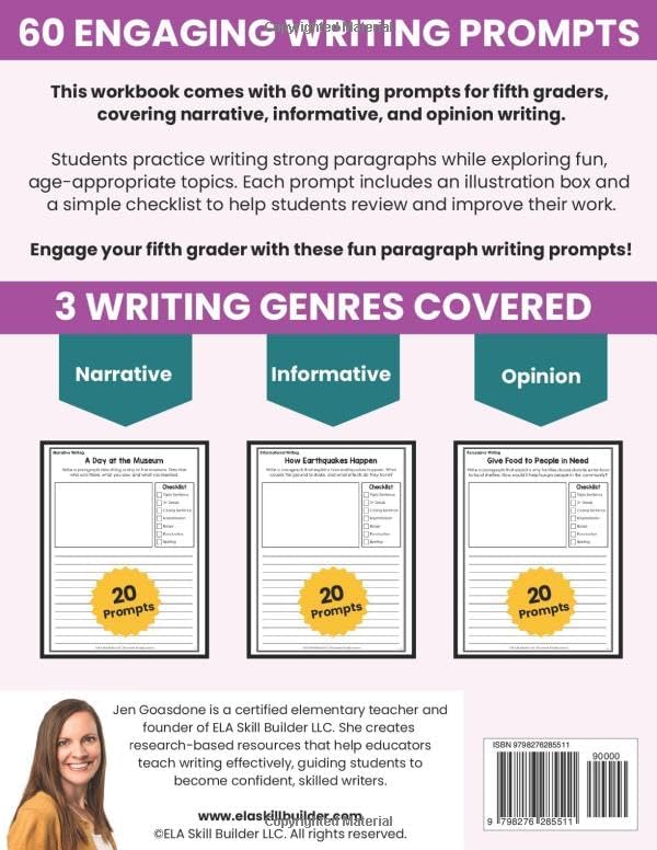 5th Grade Paragraph Writing Prompts Workbook: 60 Writing Prompts Grade 5 | Narrative, Creative, Informative & Opinion Writing | Grade 5 Paragraph ... (Elementary Grammar & Writing Workbooks) by Jen Goasdone