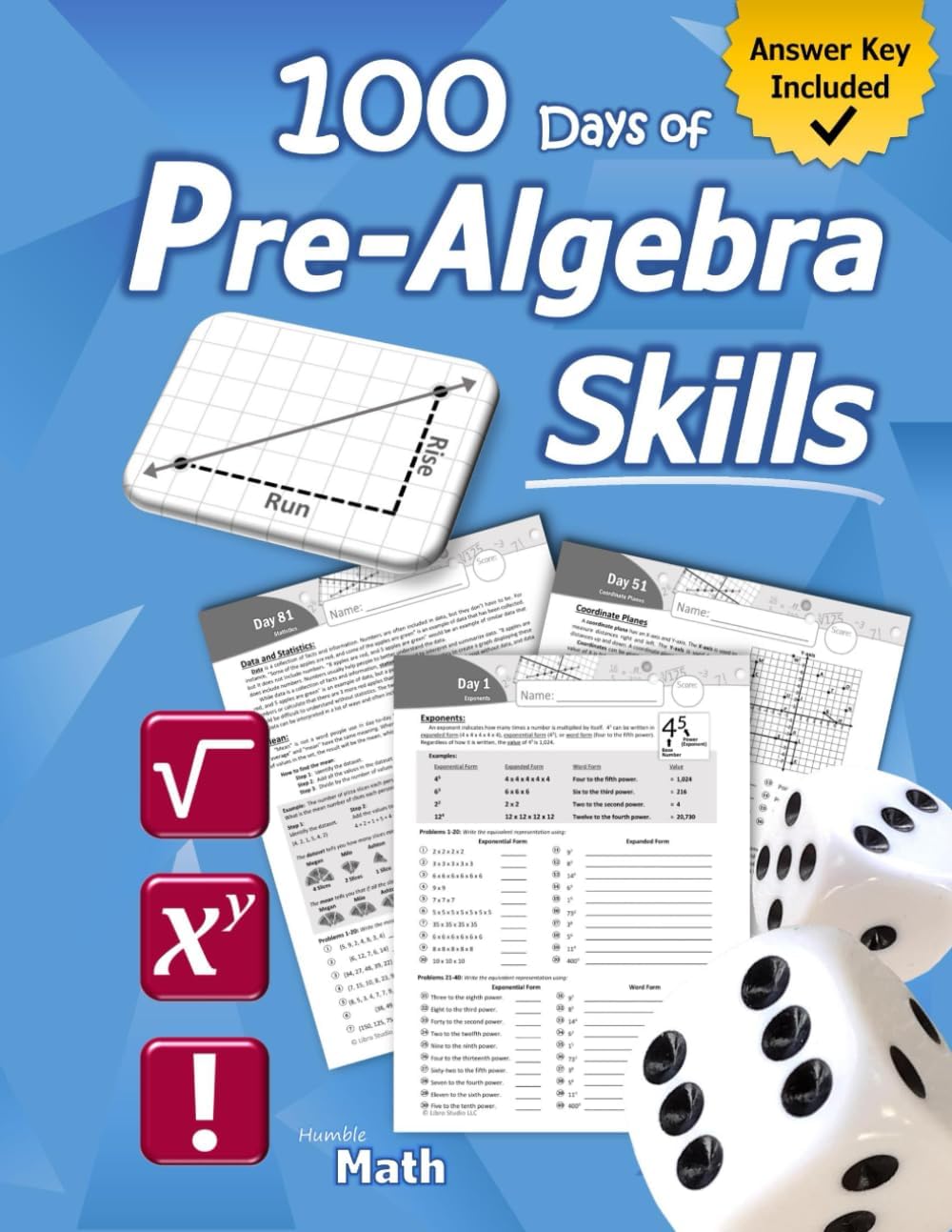 Pre-Algebra Skills: (Grades 6-8) Middle School Math Workbook (Prealgebra: Exponents, Roots, Ratios, Proportions, Negative Numbers, Coordinate Planes, ... & Statistics) – Ages 11-15 (With Answer Key) by Humble Math