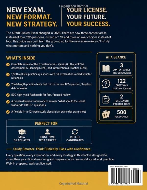 LCSW & ASWB Clinical Exam Prep 2026–2027: Pass the New 122-Question Exam on Your First Try — Complete Content Review, 1,500 Practice Questions with ... (Updated for the 3-Area, 3-Option Format) by Nathan R. Vale