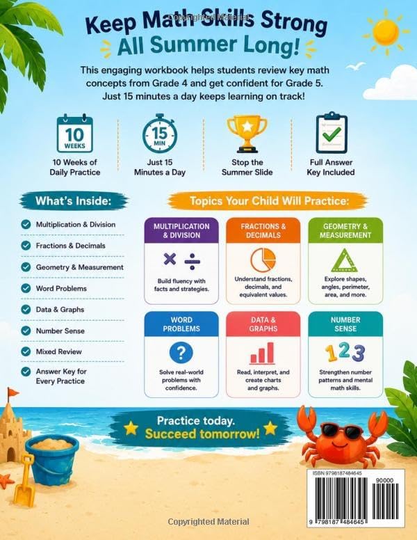Summer Math Workbook: Grade 4 to 5: 10 Weeks of Daily Practice to Stop the Summer Slide | Multiplication, Long Division, Fractions, Decimals & ... Grade & Get Ready for 5th | With Answer Key by Digi Math