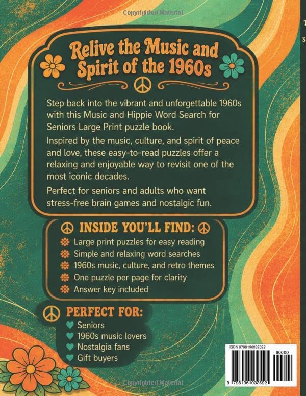 1960s Music and Hippie Word Search for Seniors Large Print Easy: Simple Puzzles Featuring Peace, Love, Music, Festivals and Nostalgic Sixties Culture by CK Booky