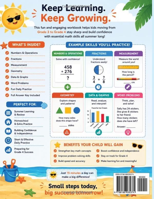 Summer Math Workbook: Grade 3 to 4: 10 Weeks of Daily Practice to Stop the Summer Slide | Multiplication, Fractions, Place Value, Geometry & More | ... Grade & Get Ready for 4th | With Answer Key by Digi Math