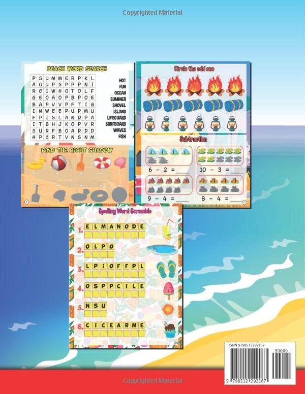 Summer Time Activity Book for Kids Ages 5-7: A fun workbook with 50 Summer Themed activities including coloring, mazes, counting, dot to dots and more by Blue Saramen