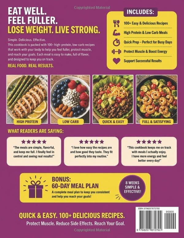 The Easiest GLP-1 High Protein Cookbook for Weight Loss: 100+ Delicious Low Carb Recipes to Protect Muscle, Reduce Side Effects, and Keep the Weight Off | Stress-Free 60-Day Meal Plan by Lyra Cade