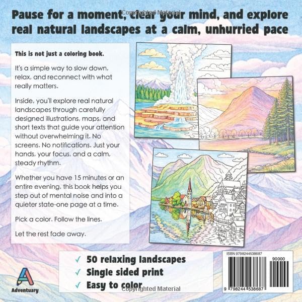 Nature Coloring Book for Adults: 50 Large Print Iconic Landscapes, Blending Geography and Relaxation for a Mindful Journey Stress Relief, Balance and Creativity by Adventuary Editions