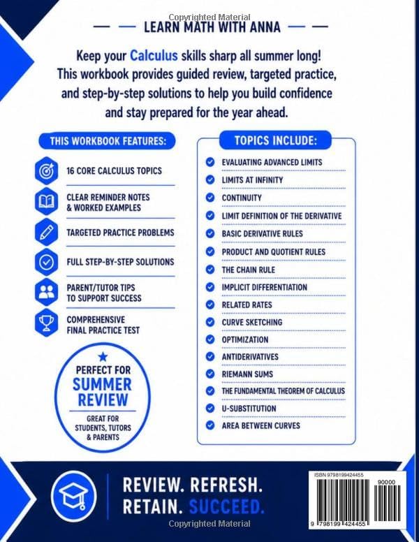 High School Calculus Summer Review Workbook: Avoid the Summer Slide with Targeted Practice and Step-by-Step Solutions (Summer Review | USA Math Series) by Learn Math with Anna