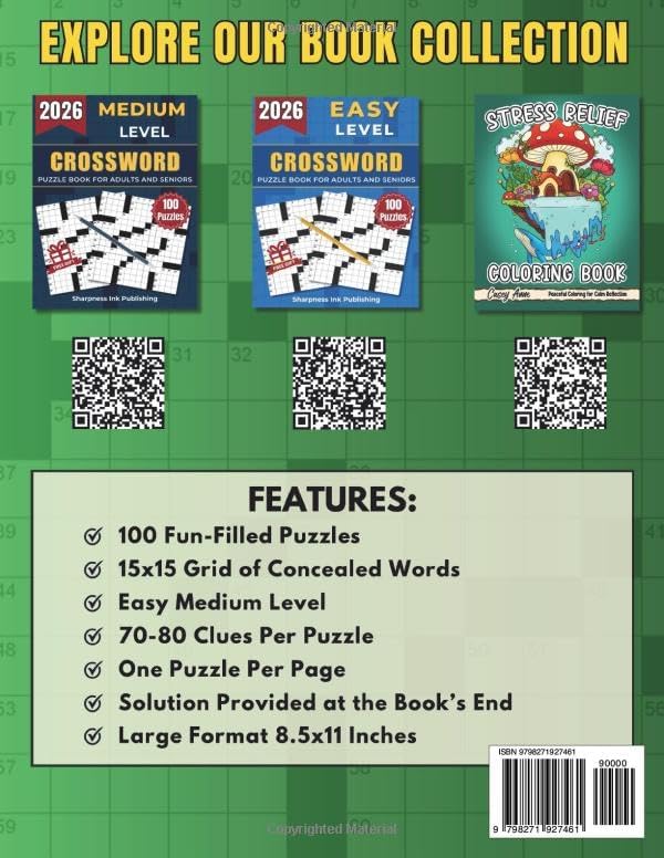 Easy - Medium Crossword Puzzle Book For Adults and Seniors - 100 Big Font Puzzles: Engaging Challenges to Boost Your Focus and Keep Your Eyes Relaxed ... of Fun, Perfect Gift for Cross word Lover by Sharpness Ink