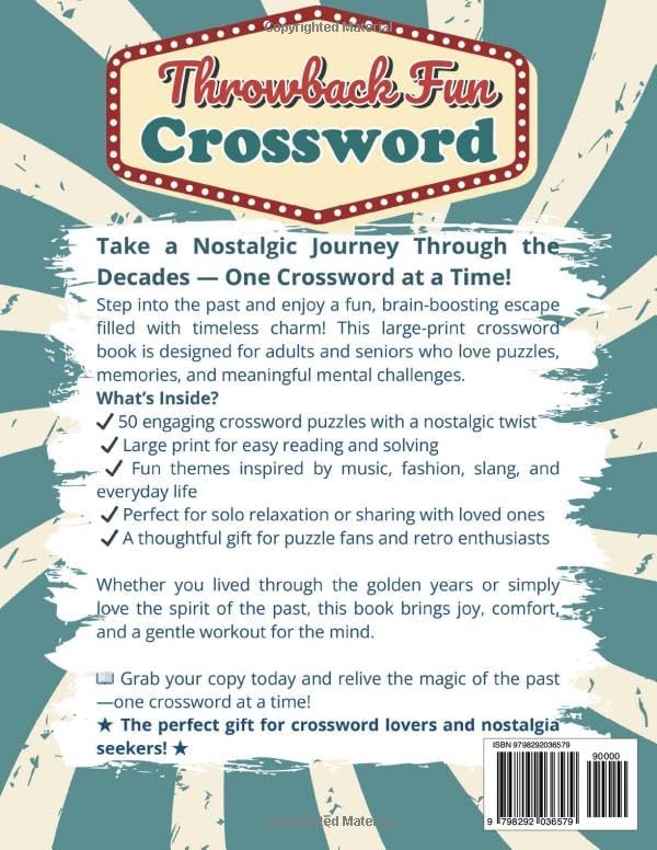 Throwback Fun Crossword Puzzle Books for Adults & Seniors Large Print: Relive Nostalgic Memories from the 1950s-1990s - Easy to Medium Levels Cross Word (Perfect Retro Gift for Baby Boomers) by Sontodo Publishing