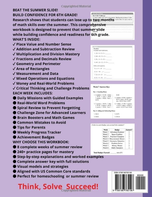 Summer Math Workbook Grade 5→6: Bridge from 5th Grade to 6th Grade with Daily Review, Spiral Practice, Real-World Word Problems, Visual Models, ... for Summer Learning and Homeschool Success by RACHID OUSALEM