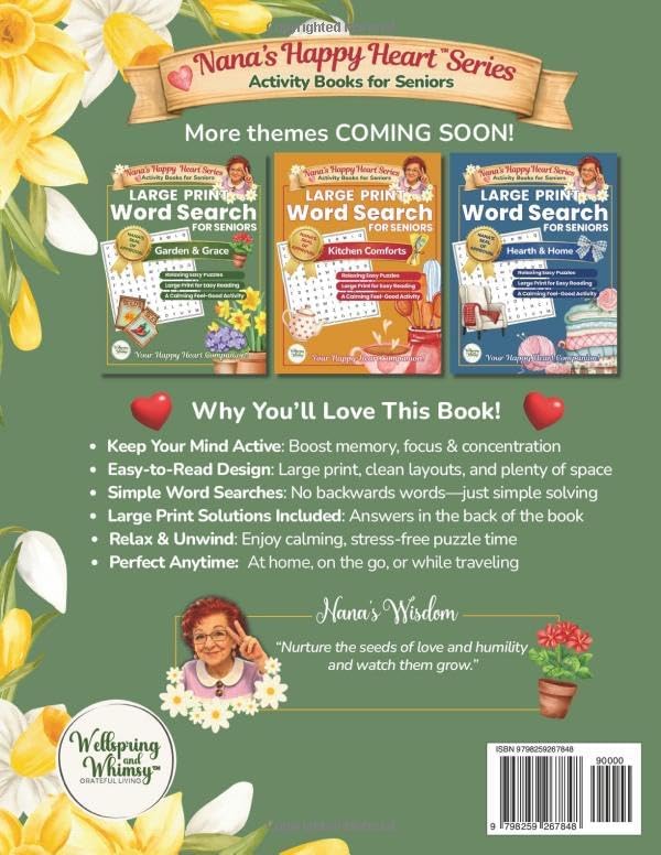 Large Print Word Search For Seniors: Large Print Word Search Puzzles for Relaxation, Stress Relief and Memory Support, Designed to Keep Your Mind ... Garden & Grace Theme. (Nana's Happy Heart) by Wellspring and Whimsy