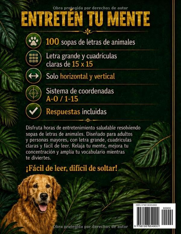 Sopa de letras de animales: En español: 100 sopas de letras para adultos y personas mayores, letra grande, cuadrículas 15 x 15, respuestas incluidas (Spanish Edition) by Palabras Books