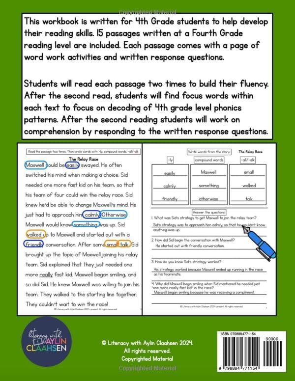 4th Grade Phonics Reading Passages with Comprehension Questions and Word Work: Engaging Workbook with Short Stories for Grade 4 by Aylin Claahsen