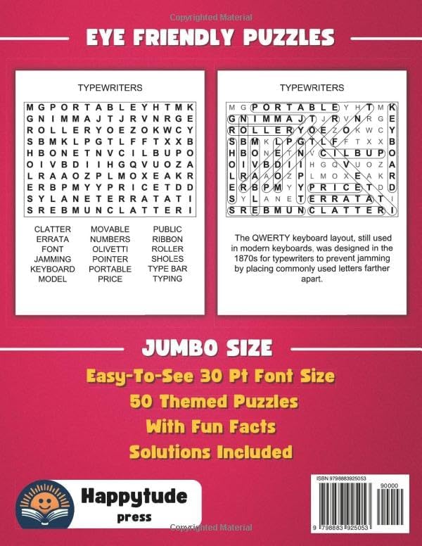 Extra Large Print Word Search: Jumbo Word Search For Seniors & Adults | 50 Themed Puzzles With Very BIG Letters (30 Font Size) | Anti-Eye Strain Word ... Seniors - With Fun Facts And Jumbo Solutions) by Happytude Press