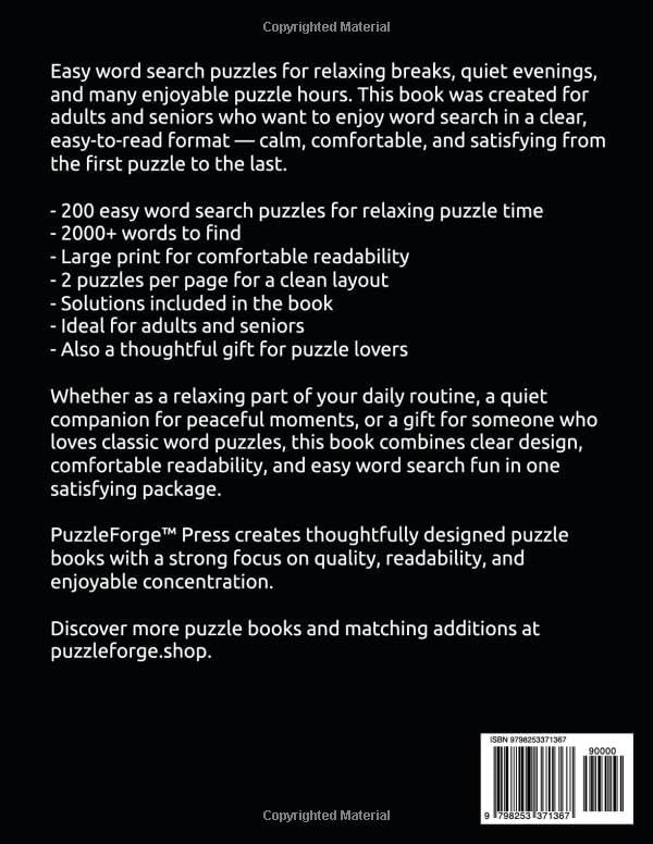 Word Search – 200 Easy Puzzles: Large Print for Adults and Seniors | 2000+ Words | 2 Puzzles Per Page | Solutions Included | Relaxing Puzzle Fun and a ... Print Relaxing Puzzles for Brain Training) by PuzzleForge™ Press