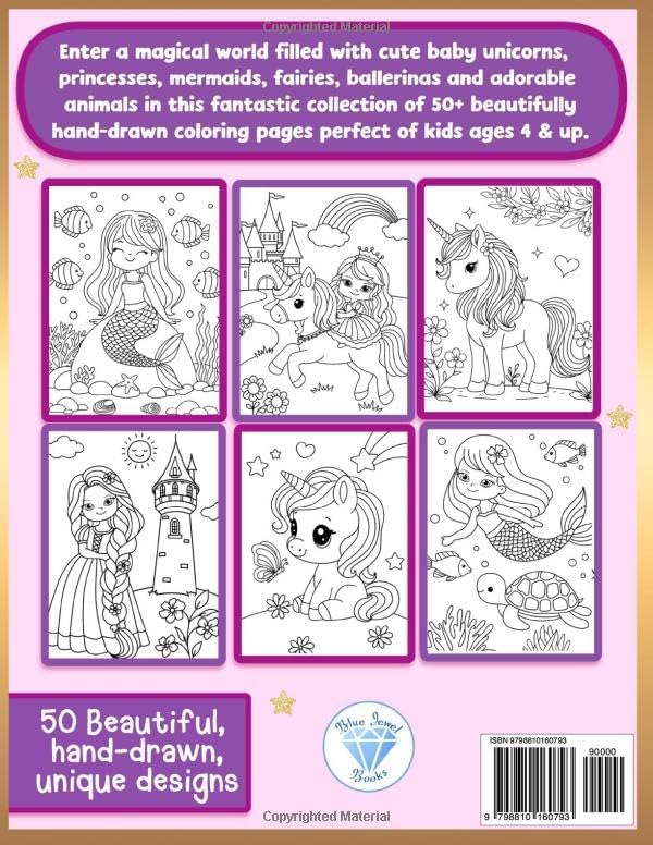 Coloring Book for Kids Ages 4-8: Cute Unicorn, Mermaid, Princess & More by Blue Jewel Books