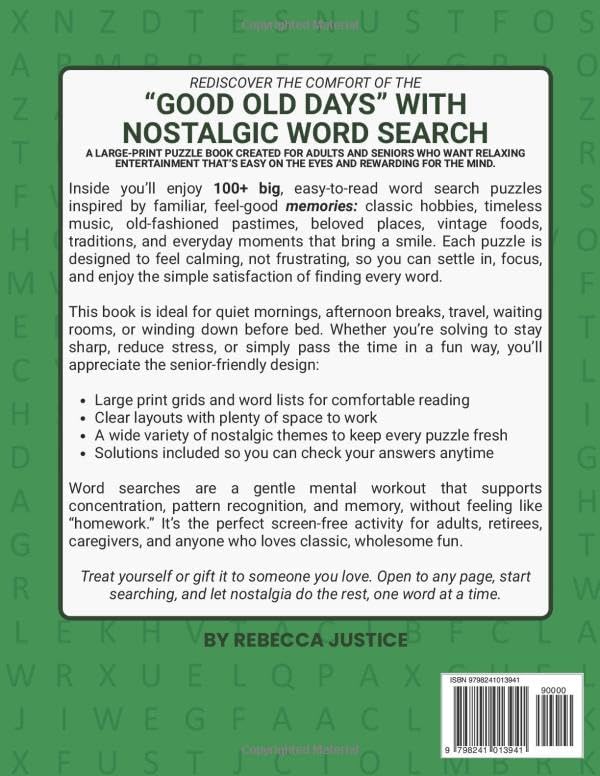 NOSTALGIC WORD SEARCH FOR ADULTS & SENIORS LARGE PRINT: 100+ BIG EASY-TO-READ PUZZLES WITH SOLUTIONS 1850+ WORDS (WORD SEARCH LARGE PRINT) by REBECCA JUSTICE