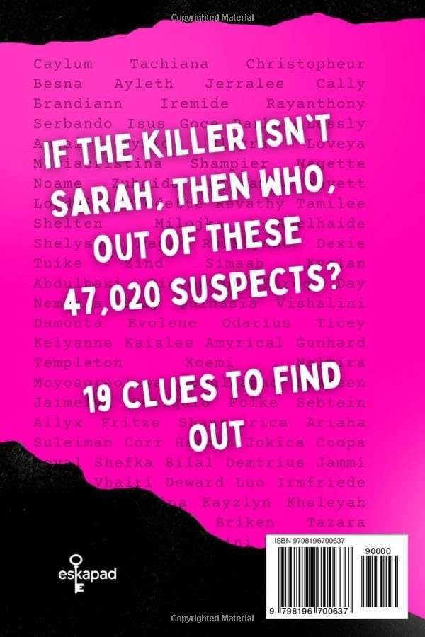 Find the Killer - It's not Sarah !: A Murder Mystery Puzzle Book For Adults | 47,020 Suspects, 19 Clues, One Guilty Name by esKapad