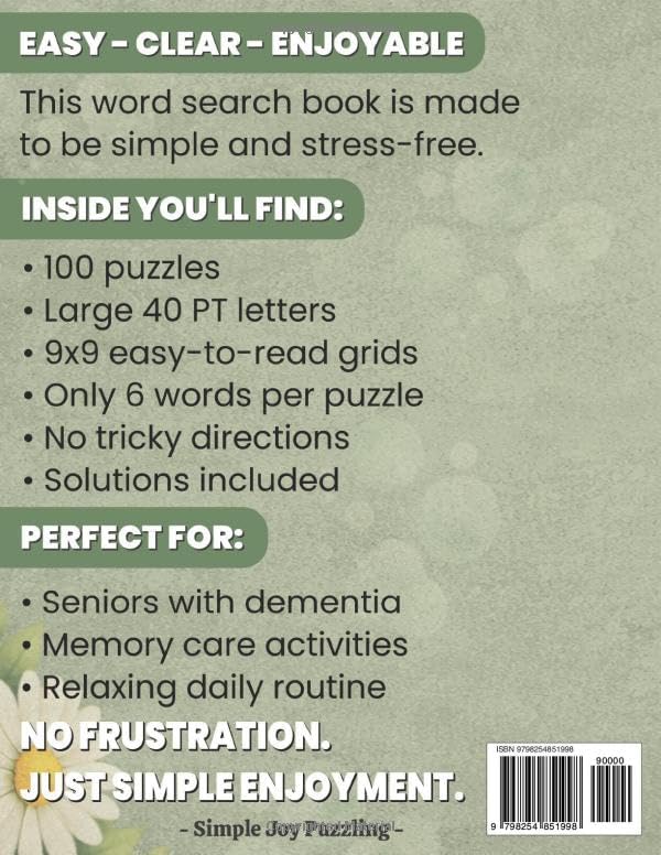 Easy Word Search for Seniors with Dementia: 100 frustration-free extra large print puzzles with simple everyday words, 6 words per puzzle, and 40 pt ... comfort. (Comfort Word Finds Collection) by Simple Joy Puzzling