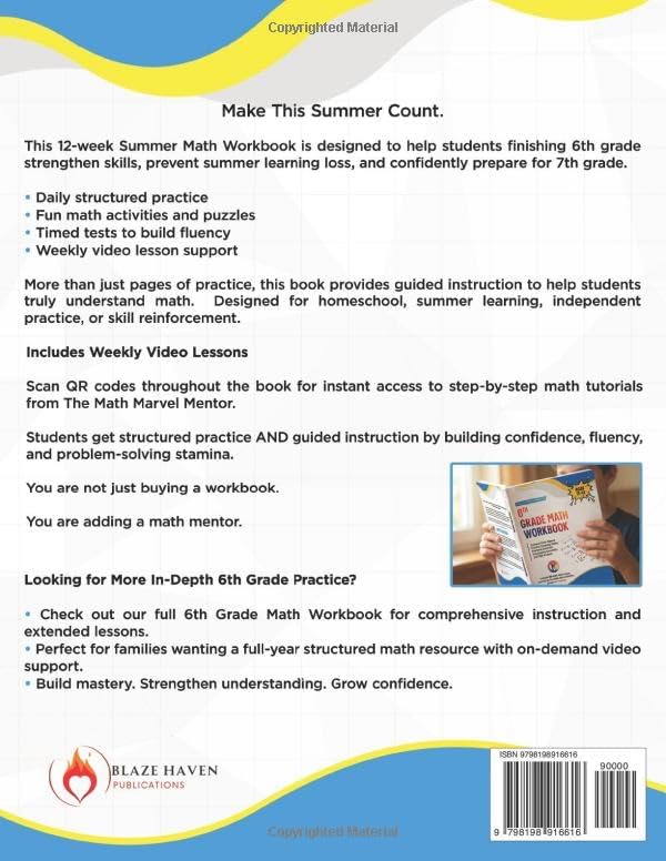 The Summer Before 7th Grade Math Workbook: Fun & Educational Activity Book for Kids Ages 11–12 | Video Lessons Included | 12-Week Common Core Aligned ... Key (Math Workbooks With Video Lessons) by Blaze Haven Publications