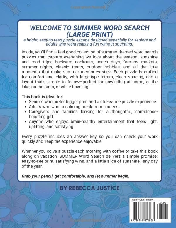 SUMMER WORD SEARCH For Adults & Seniors: LARGE PRINT Bright, Easy-To-Read Summer Fun Puzzles by Rebecca Justice