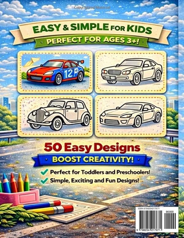 Cars Coloring Book for Kids Ages 3-8: 50 Big and Easy Cars, Trucks, Police Cars and More Fun Vehicles (Q8 Coloring Cars Series) by Q8 Coloring