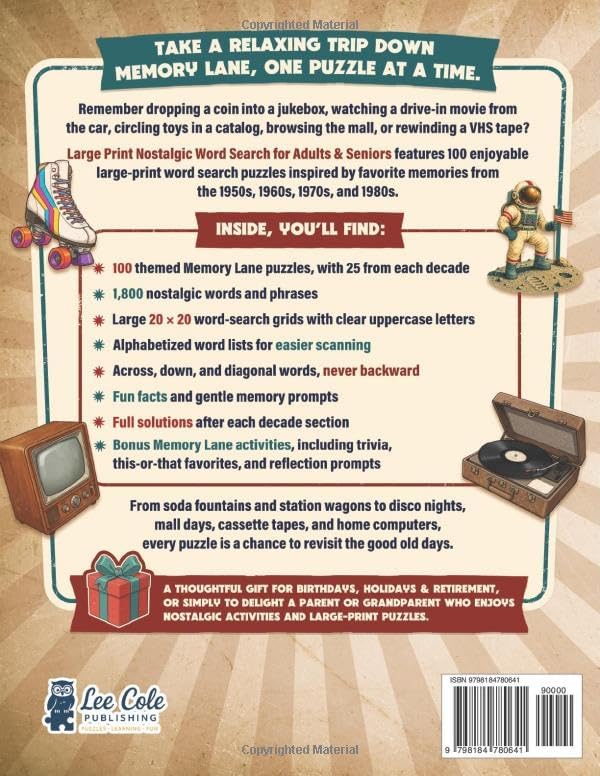 Large Print Nostalgic Word Search for Adults & Seniors: 100 Memory Lane Puzzles from the 50s, 60s, 70s & 80s with Fun Facts and Full Solutions — A Relaxing Gift for Parents & Grandparents by Lee Cole
