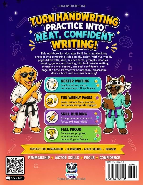 Print Handwriting Workbook for Kids 8-12: Fun Weekly Practice Exercises to Learn Writing, Penmanship & Motor Skills with Jokes, Science Facts & ... (Elementary Grade Writing Prompt Books) by Polymath Panda