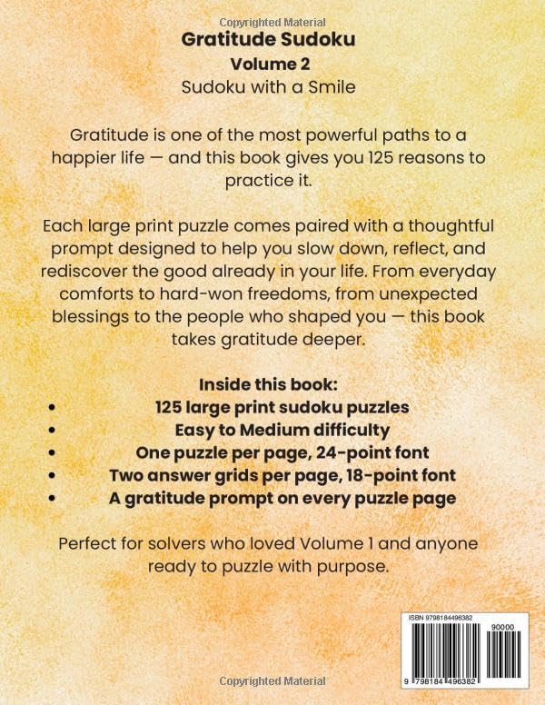 Gratitude Sudoku Volume 2: Sudoku with a Smile: 125 Large Print Easy to Medium Puzzles with Gratitude Prompts by Stephanie Ball